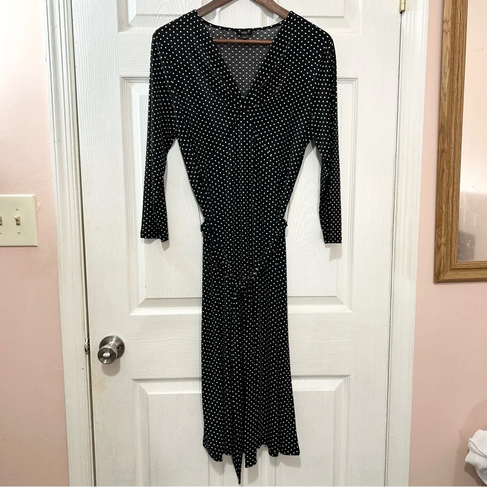 Talbots Black Polka Dot Long-Sleeve Wrap-Style Dress. Stretchy. Tie Waist Sz 10 - Picture 1 of 6